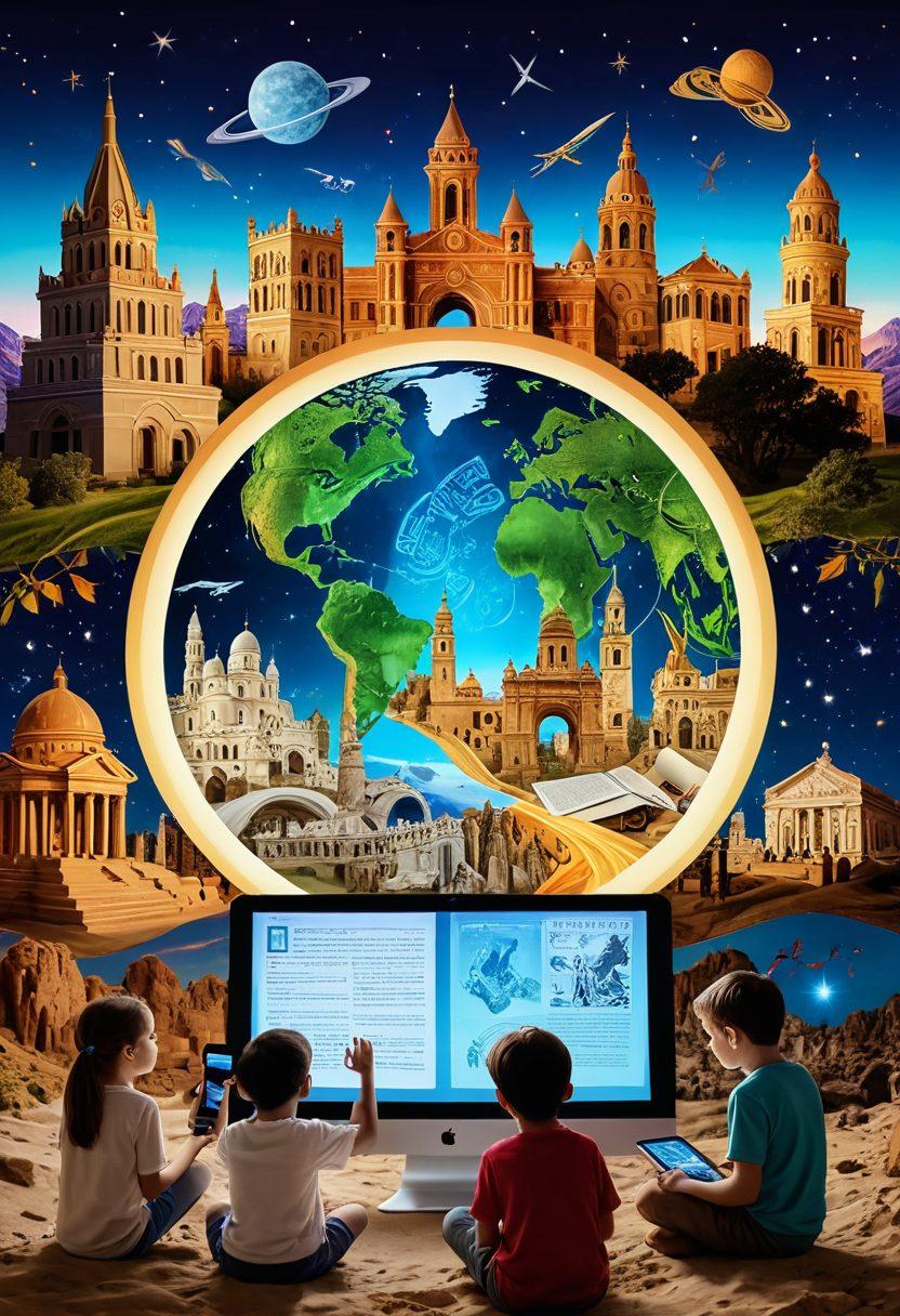 A whimsical scene showcasing a collage of ancient scrolls and digital devices seamlessly blending together, symbolizing the fusion of history and technology. In the background, a vibrant landscape depicting historical landmarks and modern digital interfaces, with children engaging in exploration and learning. Incorporate elements like holographic projections of historical figures and artifacts to illustrate the concept of digital heritage. The overall mood should evoke curiosity and wonder. super-realistic. vibrant colors. 3D.