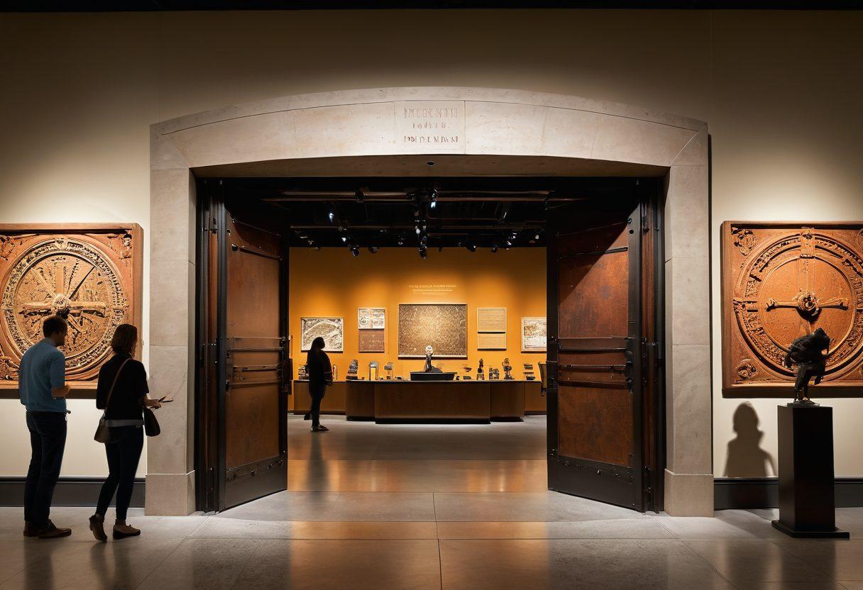 A grand, ancient vault door half-opened, revealing vibrant historical artifacts spilling out, like scrolls, pottery, and tools, set in a modern, sleek museum space. In the background, silhouettes of diverse people interacting with digital heritage displays, blending the old and new. Warm lighting creates an inviting atmosphere, emphasizing the importance of revitalizing history. hyper-realistic. vibrant colors. contemporary museum style.