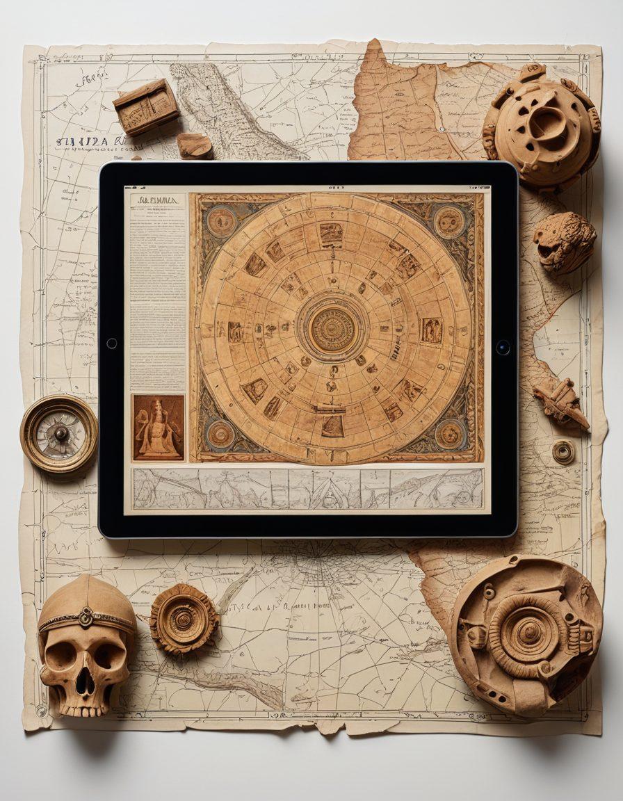 A collage featuring a digital tablet displaying ancient artifacts, juxtaposed with a faded historical map, symbolizing the connection between technology and history. Include elements like holographic interfaces showcasing 3D renderings of archaeological finds. The background should have soft, warm tones to evoke nostalgia, and the overall feel should be vibrant and inviting. super-realistic. warm colors. white background.